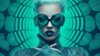 Fashion portrait of a sexy girl in turquoise glasses. Magazine cover girl. Cosplay outfit. Created with AI