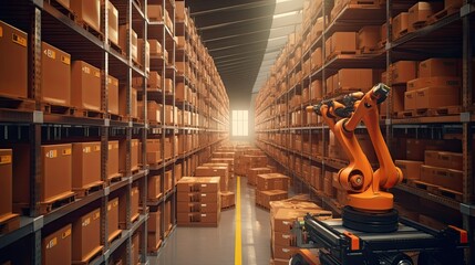 intelligent robotic system for warehouses and factories with digital technology innovation Industrially controlled automated production robots.