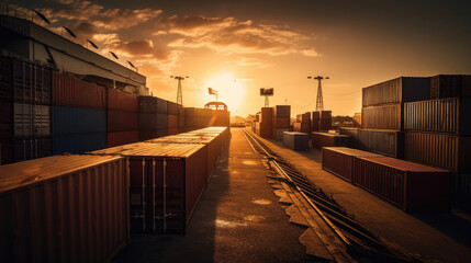 Containers in port on sunset. Generative ai