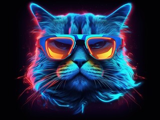 Wall Mural - Stylish cat in trendy glasses in futuristic style and neon colors. Generative AI illustration. Printable design for t-shirts, mugs, cases, etc.