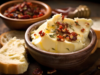 Butter with sun dried tomatoes and herbs in a ceramic bowl on a wooden background. Sun dried tomatoes butter for cooking, bruschettas, butter board, crackers, creamy sauce. Trendy food concept. AI