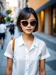 Wall Mural - Portrait of a beautiful asian woman in a sunglasses at street. Generative AI