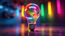 A Colorful Glowing Idea Bulb Lamp, Visualization Of Brainstorming, Bright Idea And Creative Thinking, Generative Ai.