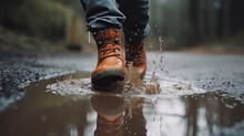 Close Up Of A Man With Hiking Boots Jumping In A Puddle. Generative AI
