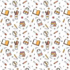 Seamless pattern of school stationery, educational supplies. Back to school concept. Linear vector drawing. Decoration, design for banners, paper, textiles, fabric, wallpaper. Vector illustration