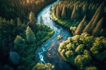 Wall Mural - Small river meandering between the green trees of a beautiful forest. Top down drone shot ,made with Generative AI