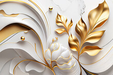 White Background And Gold Art Marble Abstract Art Background. Golden Line Art Flower And Leaves Organic Shapes, Wallpaper Design, Wall Art For Home Decor And Prints.	