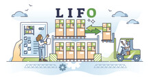 LIFO Or Last In, First Out Warehouse Management System Outline Concept. Inbound And Outbound Pallet Flow Guidance For Effective Transportation Or Goods Delivery Vector Illustration. Inventory Control
