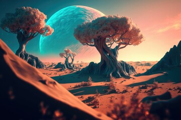 Wall Mural - Fluffy glowing alien trees on the surface of a planet ,made with Generative AI