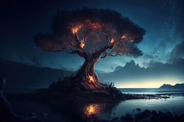 Wall Mural - Alien landscape with tree of life, night sky background ,made with Generative AI