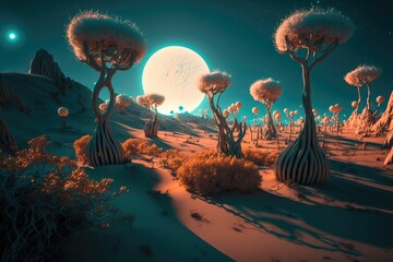 Wall Mural - Fluffy glowing alien trees on the surface of a planet ,made with Generative AI