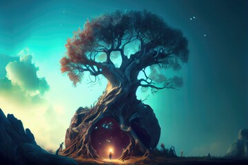 Wall Mural - Alien landscape with tree of life, night sky background ,made with Generative AI