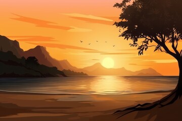 Wall Mural - Sunset beach scene with trees and mountains background. Generative AI