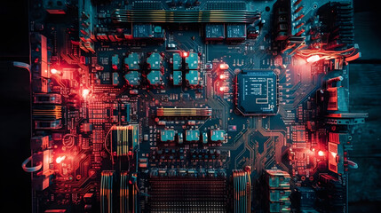 a computer circuit board with red and blue lights ,generative ai