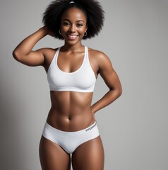 Wall Mural - Portrait of fit slim african american woman in white underwear on gray background. Generative AI