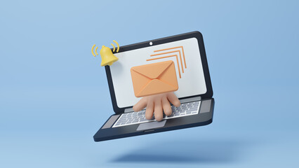 3D Hand holding envelopes on computer screen with bell, email marketing and newsletter concept. Mail notification. Online social network. subscribe newsletter concept on screen. 3d rendering