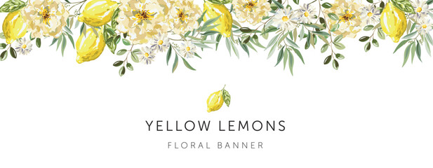 Wall Mural - Lemon fruits, yellow roses, green leaves, daisy flowers, white background. Banner template with text. Vector illustration. Floral arrangement. Summer border design 