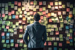 Business man looking at wall full of post it notes, Generative AI illustration