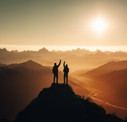 Silhouette of two happy people standing on mountain top at sunset, Generative AI illustration