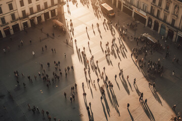 Wall Mural - Above view of large group of people walking in square, Generative AI illustration