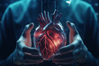 Glowing human heart in hands, Generative AI illustration
