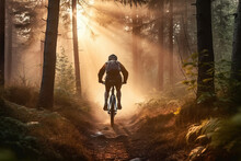 Back View Of Man Cycling Thro The Forest In The Morning, Generative AI Illustration