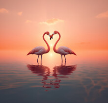 Two Pink Flamingos Forming Heart Shape With Their Necks, Generative AI Illustration
