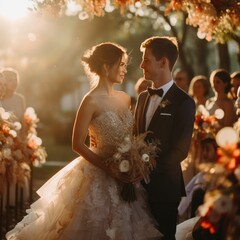 Wedding couple embraces mountains in sunlight. Beautiful bride closed her eyes and dreams in fashionable wedding dress with luxury bouquet. generative ai