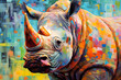 A colorful painting of a rhino