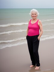 Wall Mural - Mature caucasian woman on a beach. Genrative AI