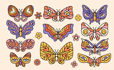 Wall Mural - Set of retro groovy butterflies in trendy 60s 70s style. hand drawn linear vector illustration.