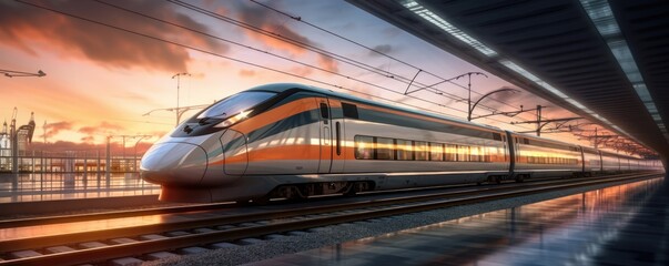 High speed train in motion on the railway station at sunset. Fast moving modern passenger train on railway platform. Railroad with motion blur effect. Generative ai