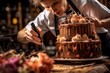 A pastry chef meticulously decorating a beautifully crafted cake, showcasing the intricate details and creativity involved in pastry artistry. Generative Ai