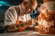 A pastry chef meticulously decorating a beautifully crafted cake, showcasing the intricate details and creativity involved in pastry artistry. Generative Ai