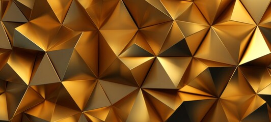 Poster - Abstract wide gold metallic texture with geometric triangular 3d triangles pattern wall background banner illustration, textured backdrop for design web, wallpaper (Generative Ai)