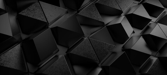 Wall Mural - Abstract dark wide black texture with geometric triangular 3d triangles pattern wall background banner illustration, textured backdrop for design web, wallpaper (Generative Ai)