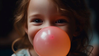 Poster - Cute preschool girl blowing bubbles, enjoying carefree childhood outdoors generated by AI