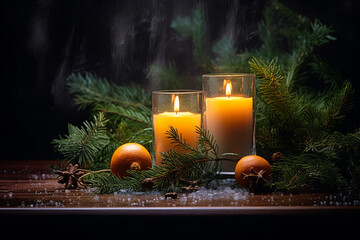 Decorative candles and fir branches. cozy christmas background. ai generative