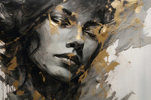 Wallpaper Abstract Drawing Of A Portrait Of A Girl's Face In Black Ink With Gray And Gold In A Vintage And Harmonious Color Style - Generative AI