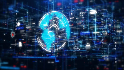 Poster - Cyber security digital globe data security for business, computer, network illustration. HUD futuristic system with icon of privacy protection background.