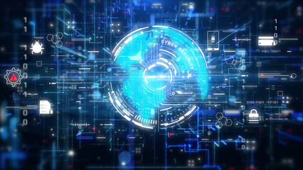 Poster - Cyber security digital globe data security for business, computer, network illustration. HUD futuristic system with icon of privacy protection background.