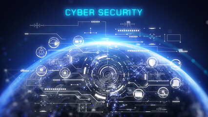 Poster - Cyber security digital blue realistic earth data security for business, computer, network illustration. Icon of privacy protection background.
