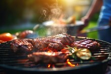 Grilling Lamb Ribs On Hot Flame , Barbecue Cooking In Evening And Sunset, Ai Generated