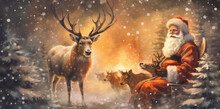 Illustration Santa Sleigh Christmas Vintage Snow Claus Card Reindeer Greeting. 