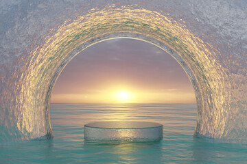 Wall Mural - Abstact 3d render winter scene and Natural background, Ice podium on the  ocean with ice arch backdrop sky and clouds on sunset for product display, advertising, mockup, cosmetic or etc