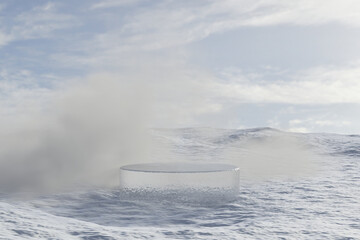 Wall Mural - Abstact 3d render winter scene and Natural background, Ice podium on the snow field with fog backdrop cloud and sky for product stand display, advertising, cosmetic or etc
