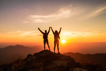 Happy couple on hight mountain peak. Family, travel and adventure concept. Generative ai