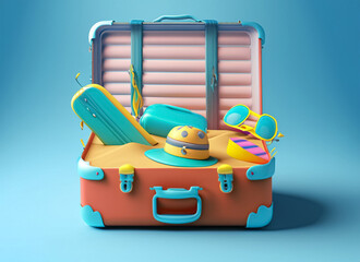 Creative summer beach composition in suitcase on blue background travel concept idea. Generative AI