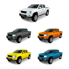 Wall Mural - Set of car pickup, truck mockup realistic white isolated on the background. Ready to apply to your design. Vector illustration.