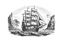 Pirate Ship Sailboat Retro Sketch Hand Drawn Engraving. Vector Illustration Desing.